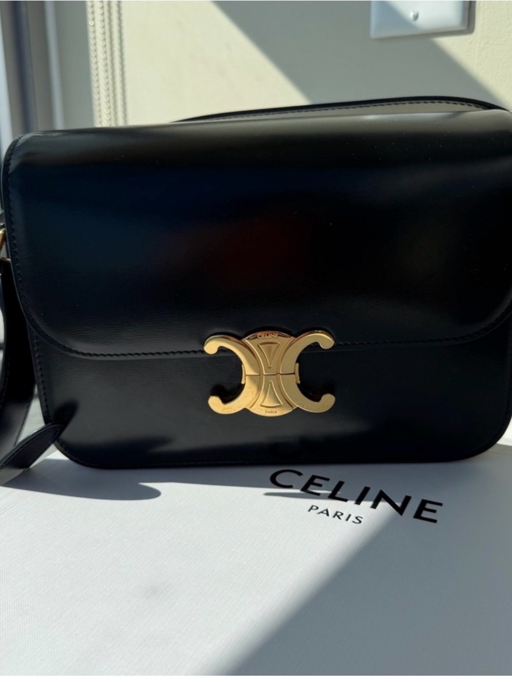 Celine Black Leather Triomphe Shoulder Crossbody with Gold Emblem